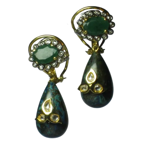 Emerald, Turquoise & Polki Diamond Drop Earrings