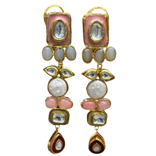 Pastel Polki & Carved Mother-of-Pearl Drop Earrings