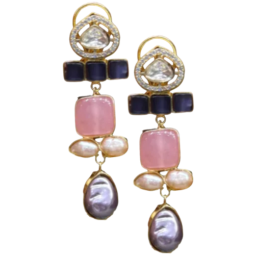 Rose Quartz & Iolite Cascade Earrings with Baroque Pearl Drop
