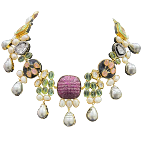 Ruby Pavé & Polki Pearl Drop Necklace