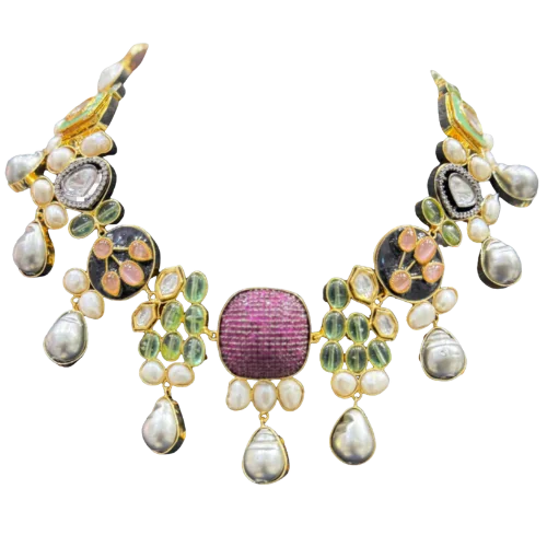 Ruby Pavé & Polki Pearl Drop Necklace