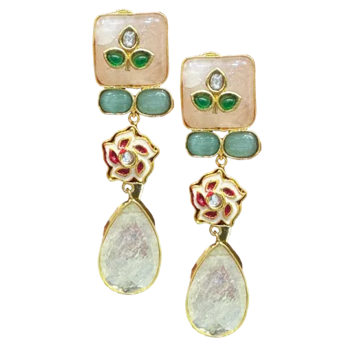 Enamelled Floral & Aquamarine Drop Earrings