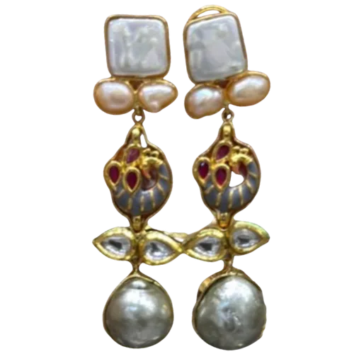 Pearl & Enamel Lotus Drop Earrings