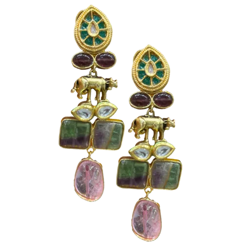 Heritage Elephant Polki & Tourmaline Drop Earring