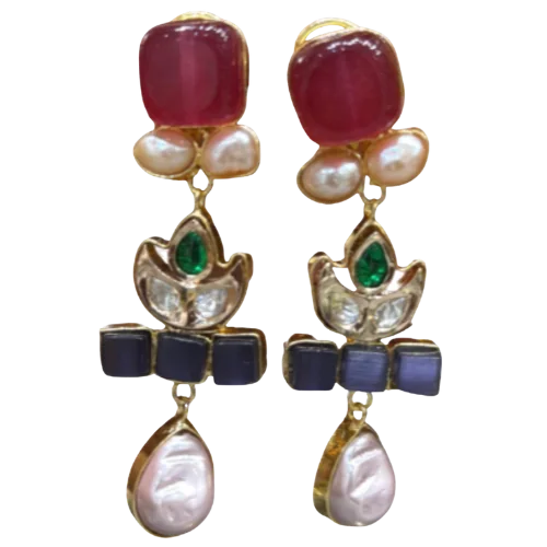 Ruby & Emerald Lotus Drop Earrings with Baroque Pearls
