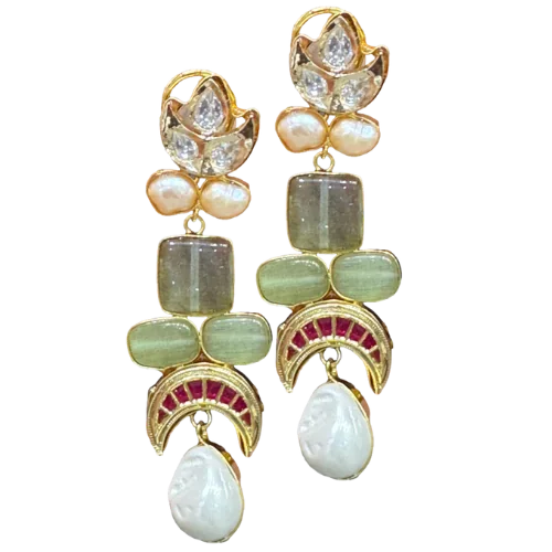 Lotus & Ruby Crescent Pearl Drop Earrings