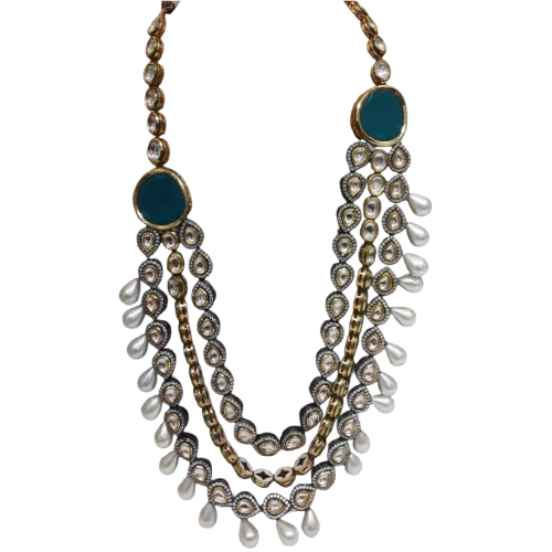 Emerald Polki Triple-Layered Bridal Necklace with Pearl Drops