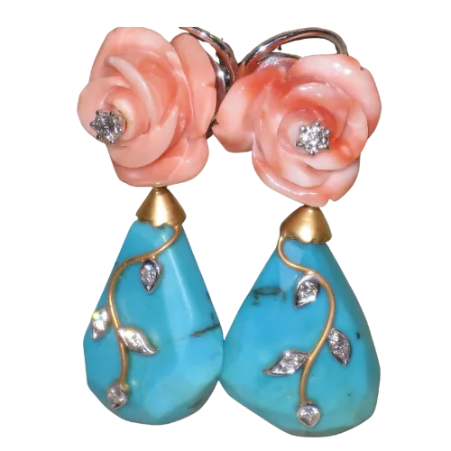 Coral Rose & Turquoise Vine Earrings