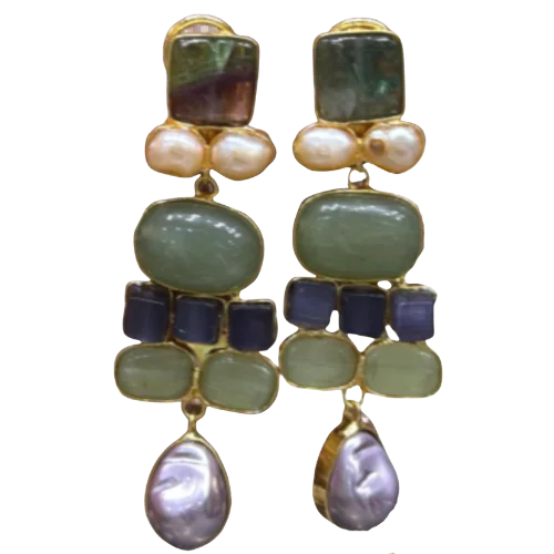 Multi-Gem Cascade Earrings with Baroque Pearl Drops