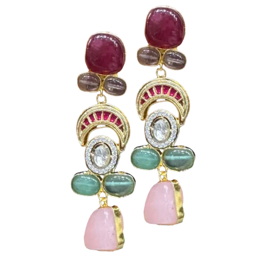 Ruby & Polki Fan Motif Drop Earrings