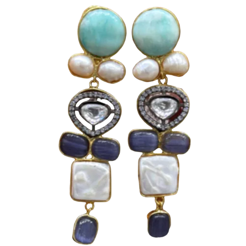 Amazonite, Pearl & Kyanite Statement Earrings with Diamond Accents