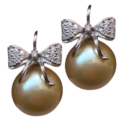 Golden Pearl Earrings with Diamond Bow