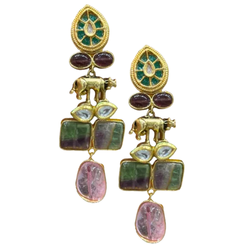Heritage Elephant Motif Polki & Tourmaline Drop Earrings