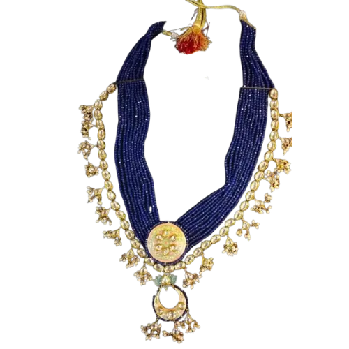 Royal Blue Beaded Polki Necklace with Crescent Pendant