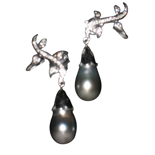 Grey South Sea Pearl & Diamond Drop Earrings