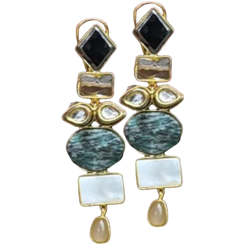Geometric Noir & Earthstone Cascade Earrings