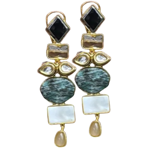 Geometric Noir & Earthstone Cascade Earrings